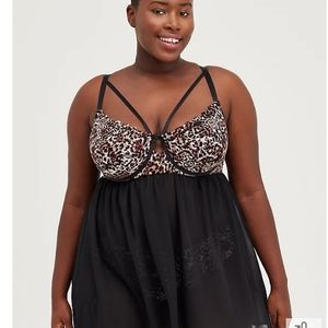 NWT Torrid Black and Leopard Babydoll Chemise. Underwire, Strappy. Size 5.